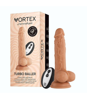Вибратор реалистичный с ротацией FemmeFunn Vortex Turbo Baller с мошонкой на присоске, с пультом, бежевый, 20.5 см х 3.8 см - No Taboo