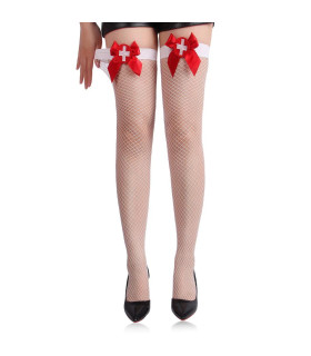 Сексуальні панчохи медсестри білого кольору Star Night White Nurse Nurse Stockings з червоним бантом, О/S - No Taboo