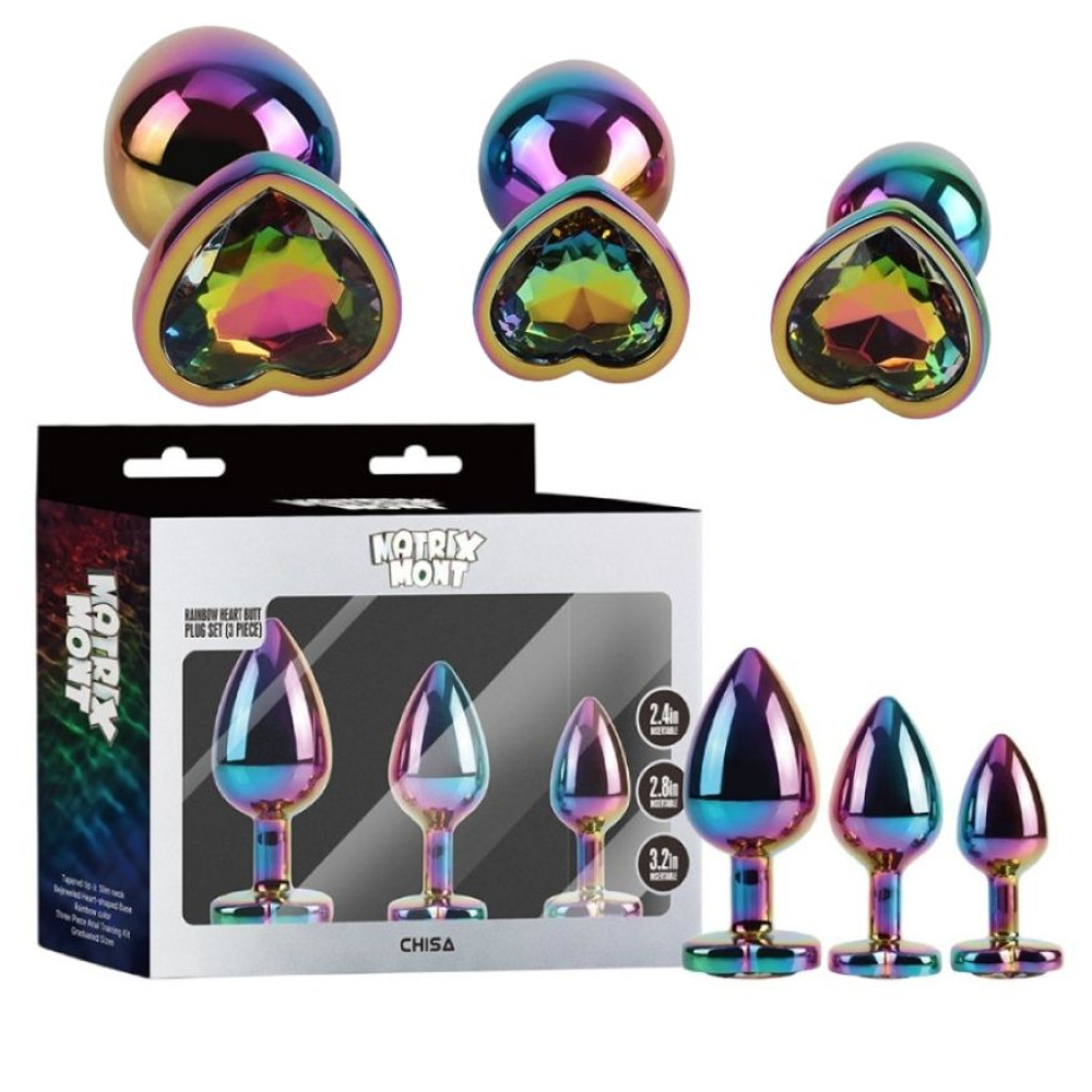 Набір анальних пробок Chisa Matrix Mont з каменемями у формі серця, райдужний, 3 шт (338312), zoom
