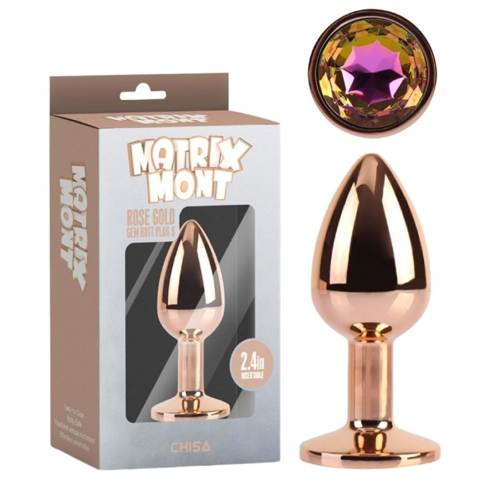 Анальная пробка Chisa Matrix Mont S с разноцветным камнем, золотистая, 7 х 2.7 см (338294), zoom