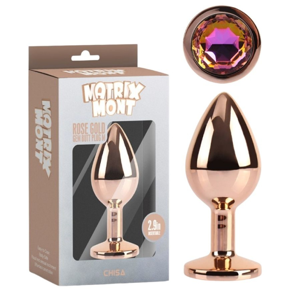 Анальна пробка Chisa Matrix Mont M з різнокольоровим каменем, золотиста, 8.2 х 3.3 см (338295), zoom