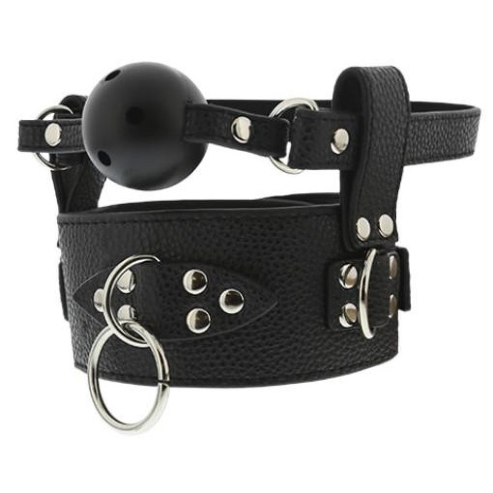 Кляп с ошейником и кольцом для поводка, черный (39843), zoom