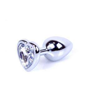 Анальная пробка S с камнем в форме сердечка, металлическая, серебряная, 7 х 2.7 см - No Taboo