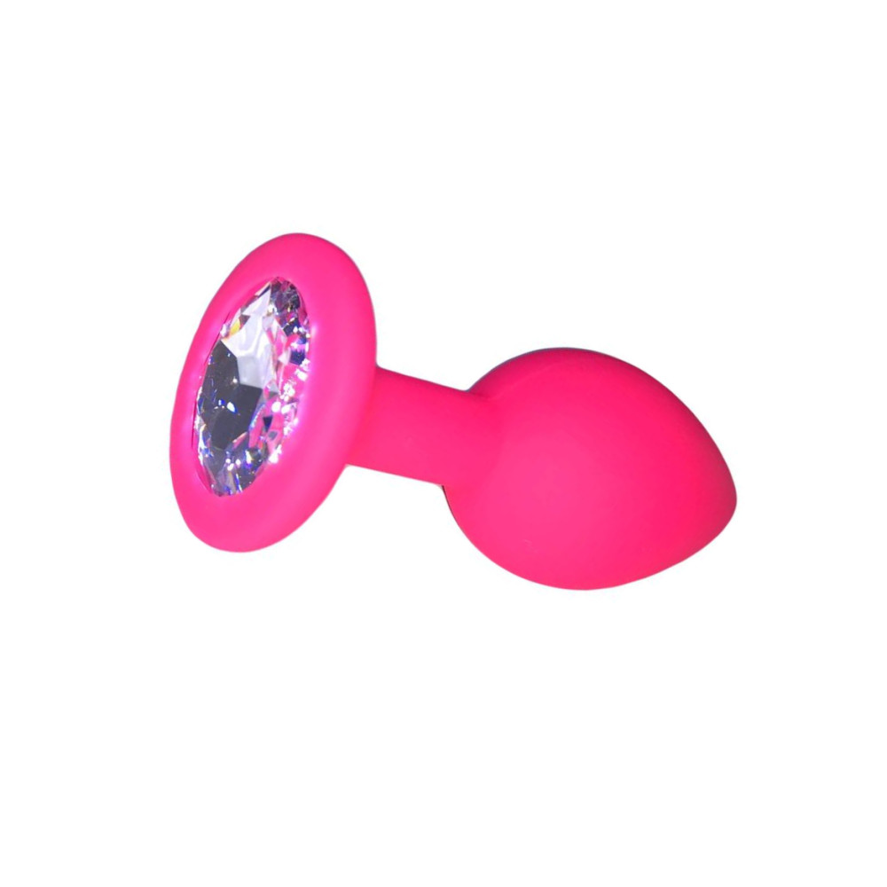 Анальная пробка M с круглым белым камнем Runyu, силикон, розовая, 8 х 3.5 см (53708), zoom