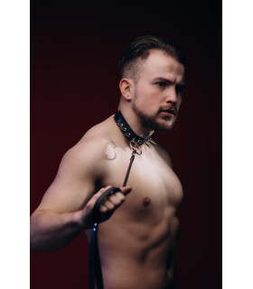 Ошейник с шипами, с поводком M-Ch2 Candy Hero, натуральная кожа, черный - No Taboo