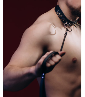 Ошейник с шипами, с поводком M-Ch2 Candy Hero, натуральная кожа, черный - No Taboo