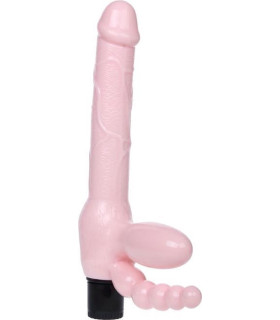 Страпон безремневой с вибрацией Pretty Love, с вагинальным и анальным отростками, бежевый, 15 х 3.5 см - No Taboo