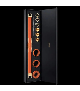 Распорка для бондажа с поножами и ошейником Lockink, натуральная кожа и металл, коричневая, 55-100 см - No Taboo