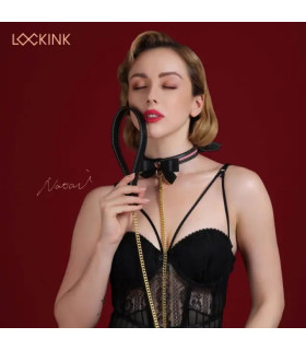 Ошейник с бантиком и поводком Sevanda, кожа и металл, черный - No Taboo