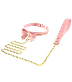 Ошейник с бантиком и поводком Sevanda, кожа и металл, розовый - No Taboo
