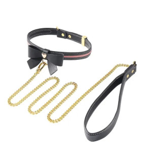 Ошейник с бантиком и поводком Sevanda, кожа и металл, черный - No Taboo