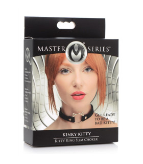 Ошейник-чокер с кольцом в виде котика Kinky Kitty Master Series, экокожа, черный - No Taboo