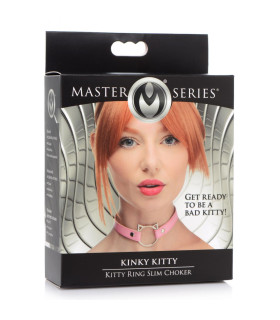 Ошейник-чокер с кольцом в виде котика Kinky Kitty Master Series, экокожа, розовый - No Taboo