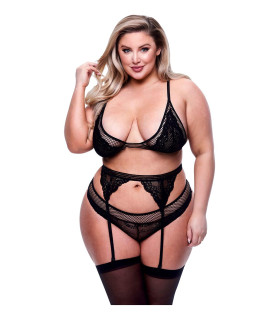 Комплект белья Queen Size Baci с поясом для чулок, с кружевом, черное - No Taboo