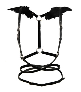 Портупея с крыльями One Size Black Angel 2, натуральная кожа, черная - No Taboo