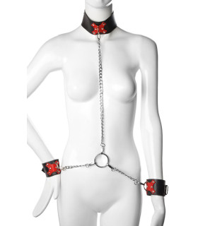 Нашийник з повідцем та наручниками Candy Hero One Size Fet23, з ланцюгом, натуральна шкіра, чорно-червоний - No Taboo