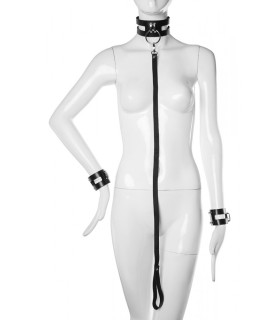 Нашийник з повідцем та наручниками One Size Fet25 Candy Hero, натуральна шкіра, чорні - No Taboo