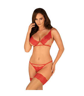 Комплект кружевной Obsessive Mellania S/M, с открытой интимной зоной, красный - No Taboo