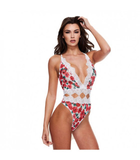 Сексуальное боди в цветочек S/M Baci, с кружевом, белое - No Taboo