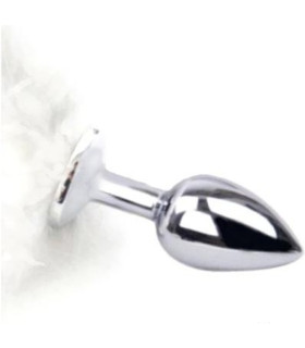 Анальная пробка IDEA SM с белым хвостиком, серебристая, 6 х 2.5 см - No Taboo