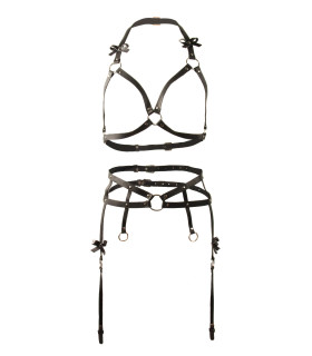 Портупея на грудь и пояс для чулок с бантиками One Size Kit17, натуральная кожа, черные - No Taboo