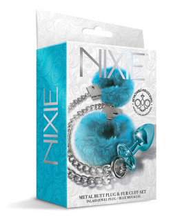 Набор анальная пробка и наручники Global Novelties Nixie, серебряно-голубые - No Taboo