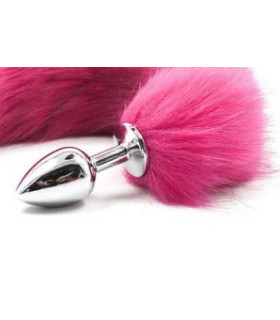 Анальна пробка IDEA SM з рожевим хвостом, срібляста, 7 х 2.7 см - No Taboo