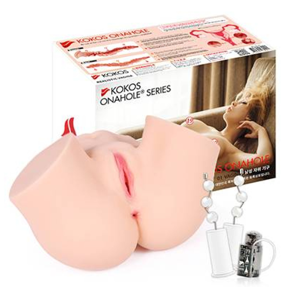 Мастурбатор с вибрацией реалистичный с двумя отверстиями Kokos Onahole, киберкожа, бежевый (215593), zoom