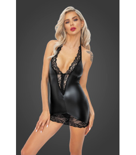 Сексуальное виниловое мини-платье L F283 Noir Handmade, с кружевом, черное - No Taboo