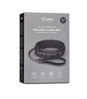 Ошейник с поводком Easytoys, экокожа, черный - No Taboo