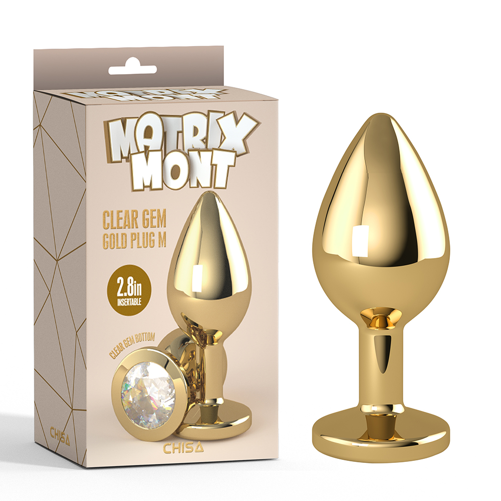 Анальна пробка M з кристалом Clear Gem Chisa, металева, золота, 8.2 х 3.3 см (216708), zoom