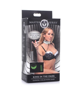 Ошейник с поводком Master Series, светится в темноте, кожаный, белый - No Taboo