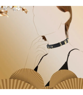 Ошейник-чокер с золотыми буквами со стразами Sevanda, кожаный, черный - No Taboo