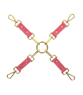 Фиксатор БДСМ универсальный Taboom Malibu Hogtie с карабнами и кольцом, розовый с золотой фурнитурой - No Taboo