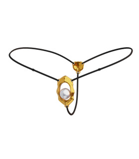 Стринги сексуальные с жемчужной бусиной Moist Eyes UPKO, черно-золотые - No Taboo
