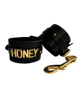 Наручники с надписью Honey от UPKO, из натуральной кожи, черные с золотой фурнитурой - No Taboo