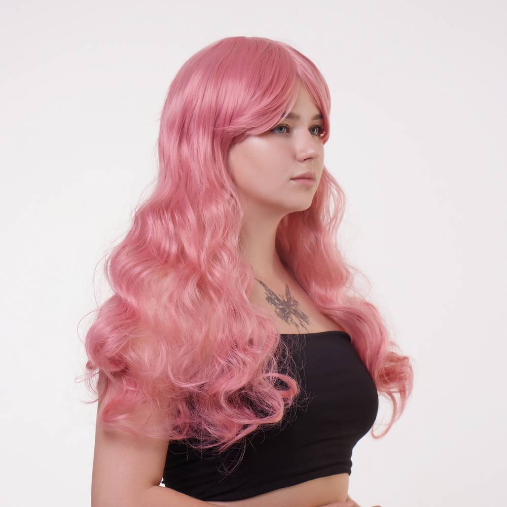 Перука довга кучерява з чубчиком, рожевий, 60 см (332203), zoom