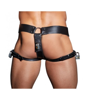 Мужские кожаные трусы-пояс верности, 4 навесных замка, черные, S/M - No Taboo