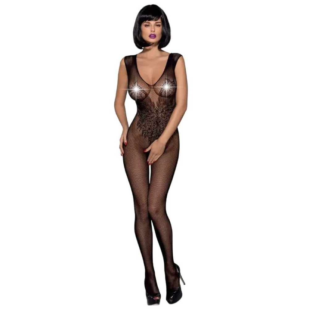 Комбінезон в сіточку Obsessive N112 з інтимним доступом, з візерунком, чорний, S-M (25385), zoom