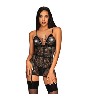 Сорочка в сетку Obsessive Basitta, S/M, со шнуровкой, черная - No Taboo