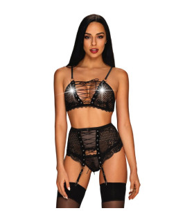 Комплект Obsessive Basitta со шнуровкой и поясом для чулок, черный, S/M - No Taboo