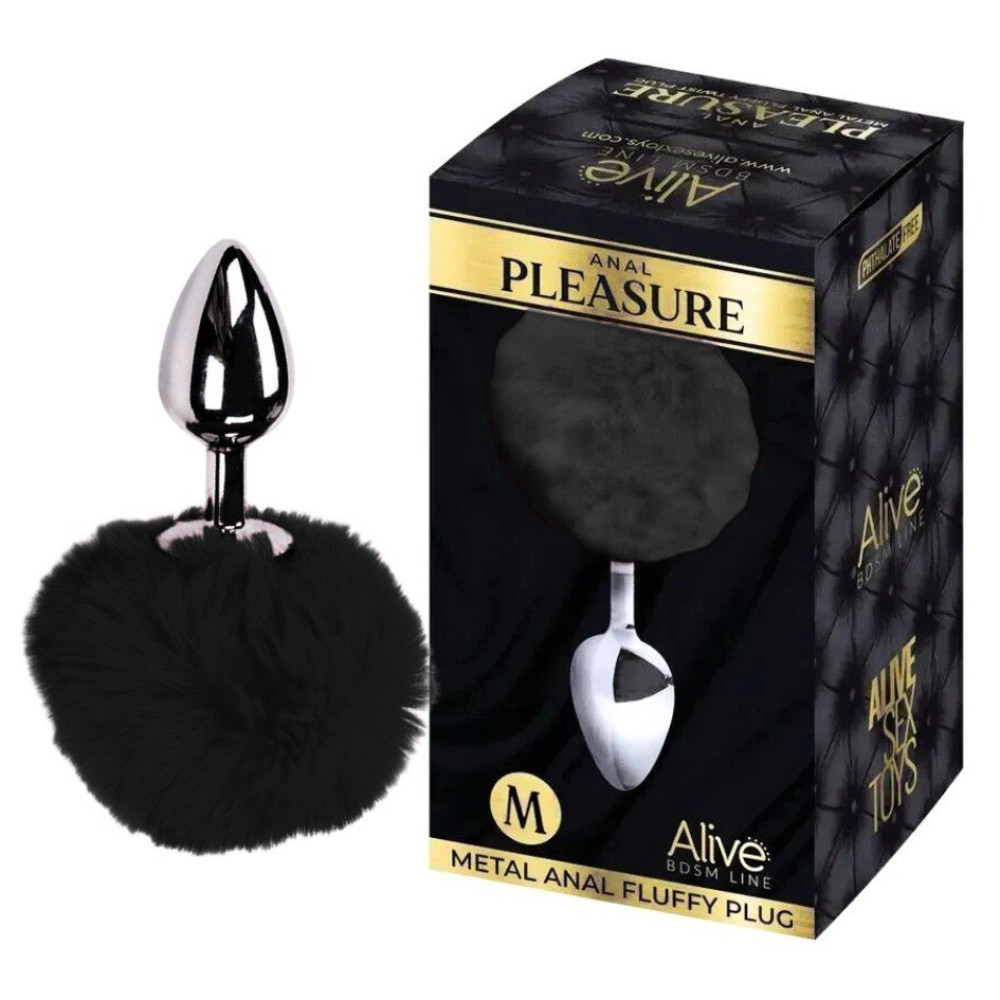 Анальная пробка Alive Anal Pleasure M с черным мехом, серебристая, 8 х 3.5 см (337529), zoom