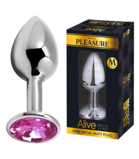 Анальная пробка Alive Anal Pleasure M, с розовым камнем, серебристая, 8 х 3,4 см - No Taboo