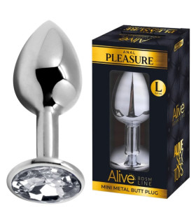 Анальна пробка Alive Anal Pleasure L, з білим каменем, срібляста, 9 х 4 см - No Taboo