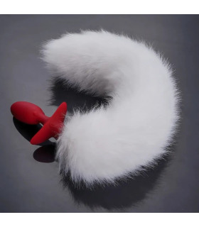 Анальная вибропробка с хвостиком и ротацией и пультом UPKO с натуральным лисьим хвостом, красная с белым, 6.6 х 3 см - No Taboo