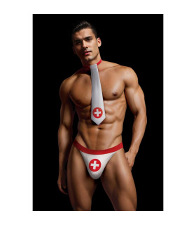 Костюм сексуального медбрата Envy Menswear Nurse трусы и галстук, бело-красный, M-L - No Taboo