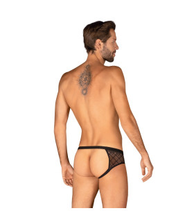 Тручи мужские с интимным вырезом Obsessive Severio в сеточку, черные, S-M - No Taboo