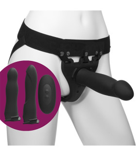 Страпон с вибрирующей основой Doc Johnson BE Naughty с тремя насадками и дистанционным управлением, черный - No Taboo