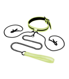 Ошейник, светящийся в темноте Whipsmart с клипсами для сосков и поводком, черный, 73 см - No Taboo