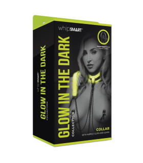 Ошейник, светящийся в темноте Whipsmart с клипсами для сосков и поводком, черный, 73 см - No Taboo